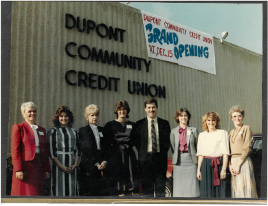 1986 photo of employees in front of the credit union's Hixson office grand opening.